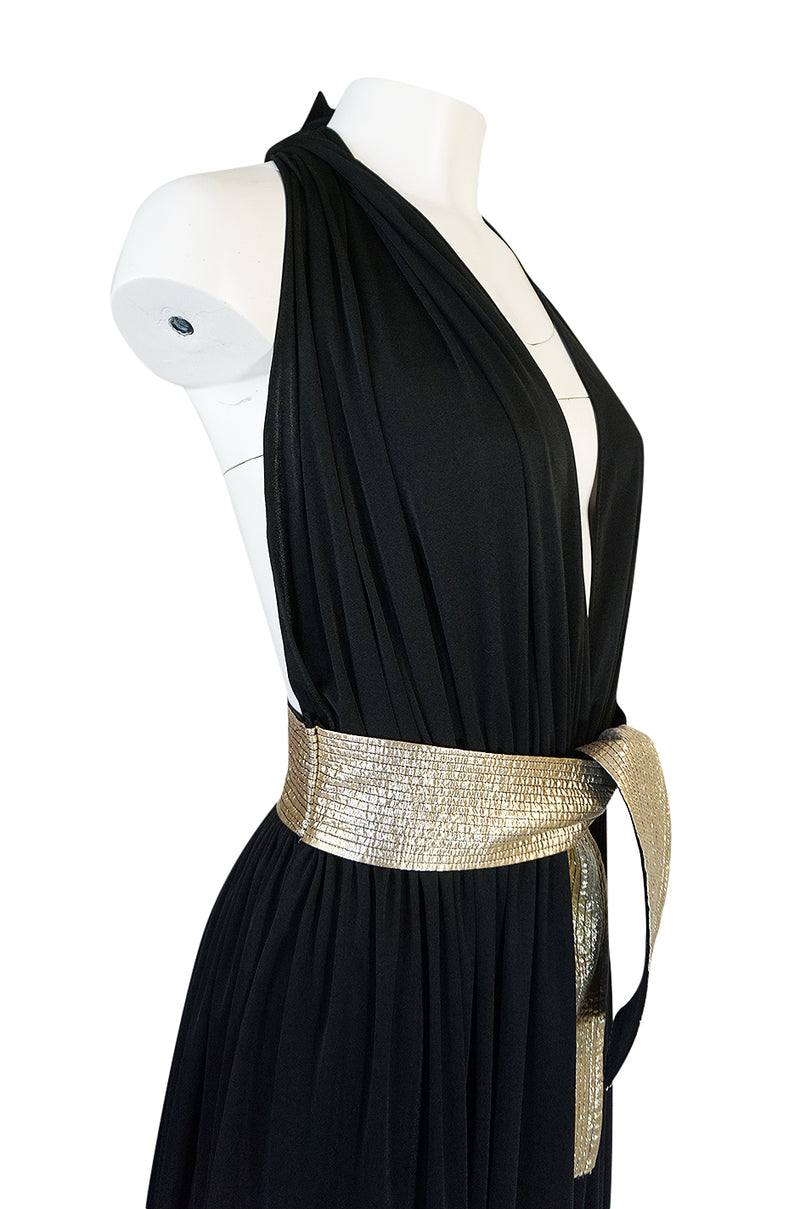 Documented 1980 Bill Tice Plunge Black & Gold Backless Halter Dress