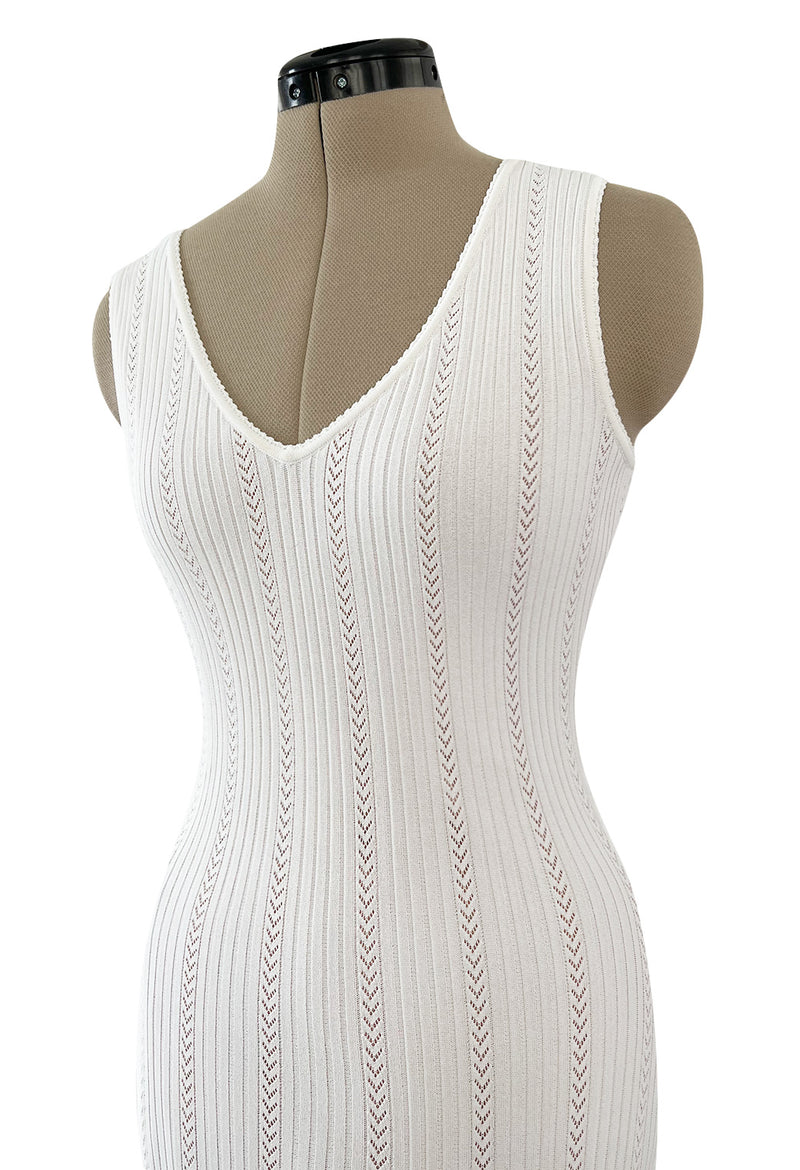 Mid 2000s Azzedine Alaia Supermodel Length White Knit w Nude Underlay Illusion Dress