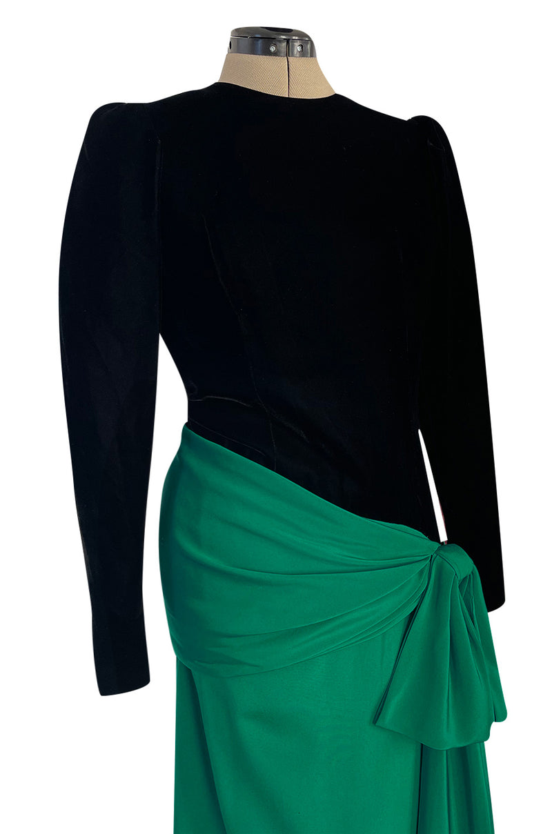 Fall 1983 Ady Couture Lausanne for Yves Saint Laurent Silk Black Velvet Bodice Dress w Emerald Green Silk Skirt