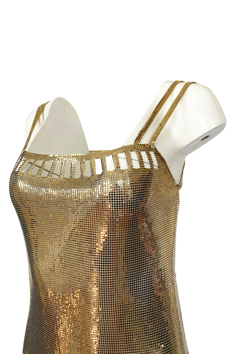 Original 1980s Paco Rabanne Oroton Gold Metal Mesh Backless Mini Dress