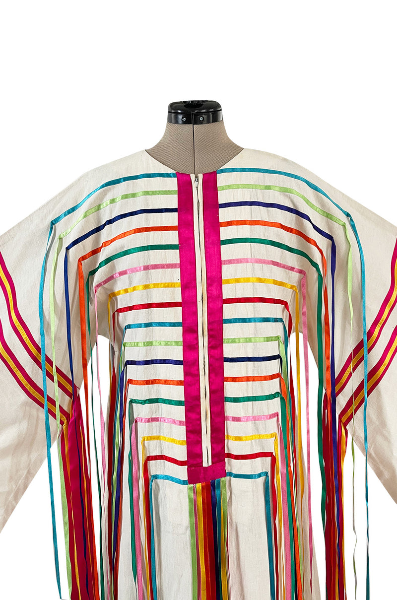 Joyful 1960s Josefa Mexico Rainbow Ribbon on Ivory Cotton Caftan Dress w Zip Front