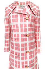 1960s Pierre Cardin Pink & White Check Woven Wool Fabric Spring Coat