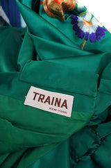 1960s Teal Traina Emerald Green Embroidered Silk Dress