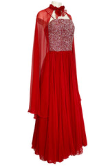 1960s Unlabeled Red Silk Chiffon & Sequin Dress w Matching Cape