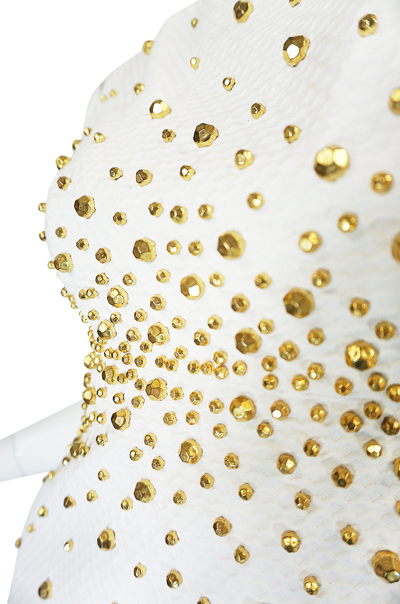 1960s Gold Studded White Cotton Waffle Weave Pique Dress