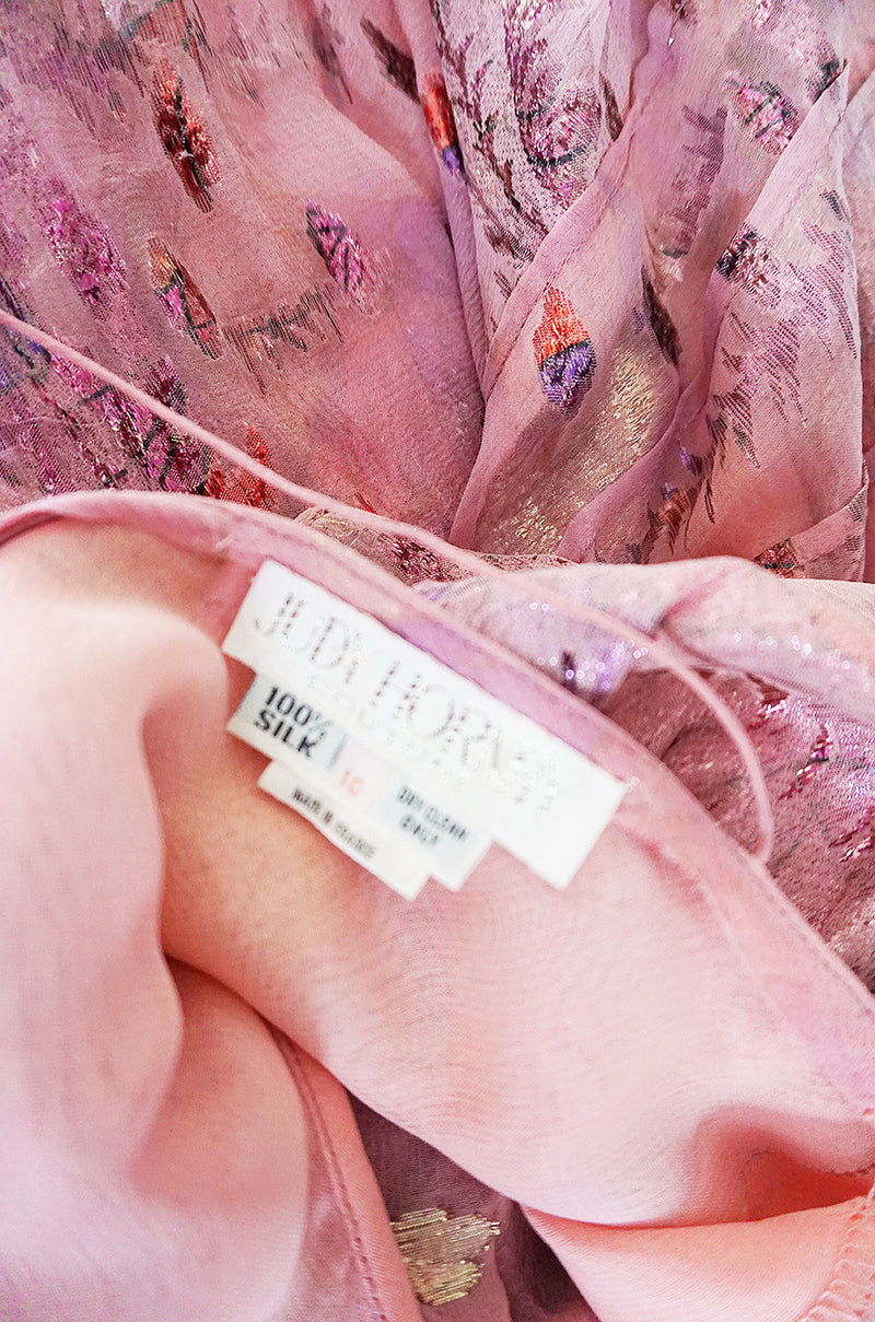 1980s Spiral Bias Cut Pink Silk Metallic Judy Hornby Dress