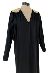 Easy to Wear 1980s Bill Tice Black Jersey Caftan Feel Dress w Gold Shoulder Detail