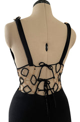 Incredible 1970s Loris Azzaro Open Gold & Black Bead Waist Dress w Halter Top & Bare Back