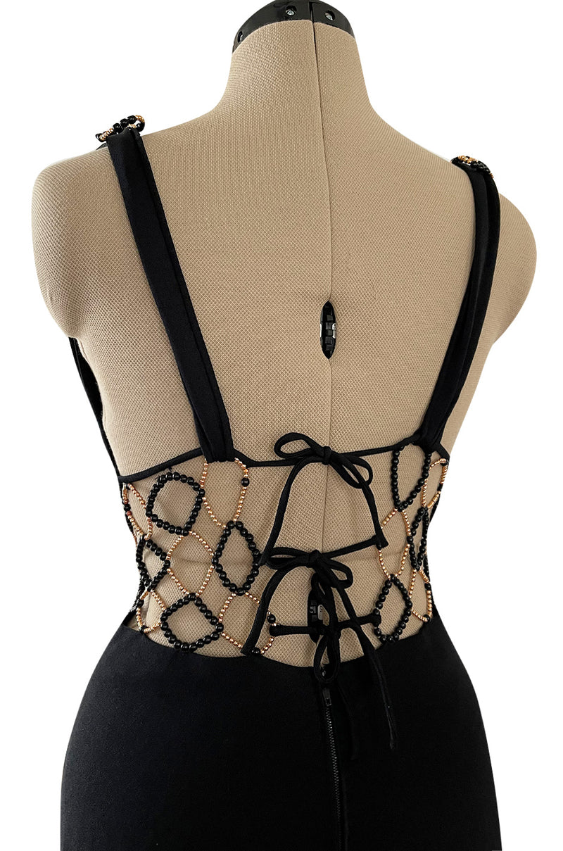 Incredible 1970s Loris Azzaro Open Gold & Black Bead Waist Dress w Halter Top & Bare Back
