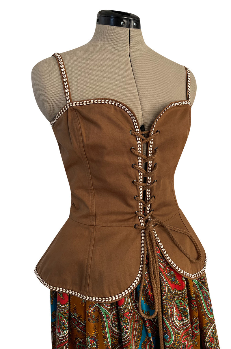 Documented Spring 1977 Yves Saint Laurent Iconic Laced Corset Top & Matching Printed Skirt