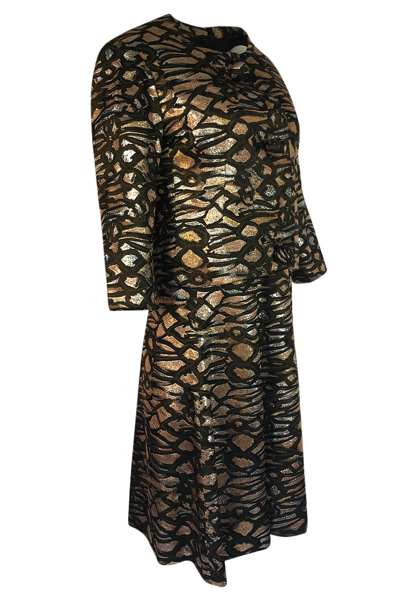 1960s Nina Ricci Metallic Gold Silver Silk Brocade Dress & Jacket Suit Shrimpton Couture 1960s Nina Ricci Metallic Gold Silver Silk Brocade Dress & Jacket Suit Shrimpton Couture