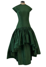 Rare 1977 Madame Gres Haute Couture Dress & Cape in a Deep Green Silk Taffeta