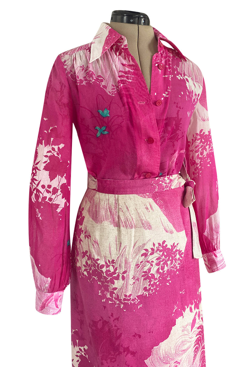 Gorgeous 1970s Hanae Mori Pink Scenic Print Wrap Skirt & Button Down Top Set