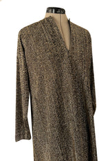 Classic 1970s Halston Metallic Gold Lame Lurex Full Length Caftan Dress w Notched Neckline