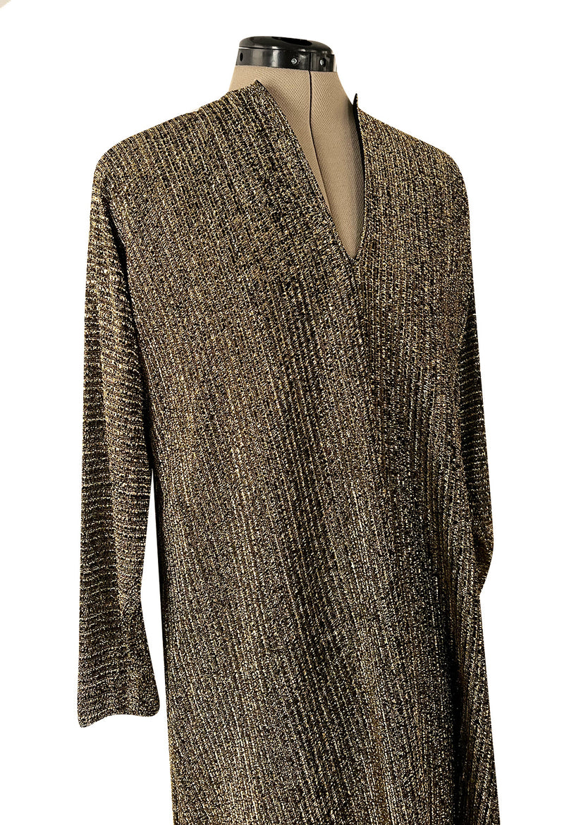 Classic 1970s Halston Metallic Gold Lame Lurex Full Length Caftan Dress w Notched Neckline