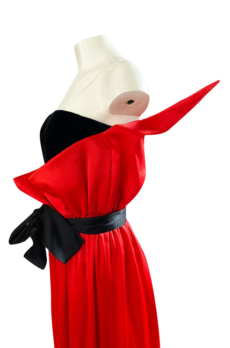 Dramatic 1970s Bill Blass Red Silk & Black Velvet Strapless 'Flame' Dress