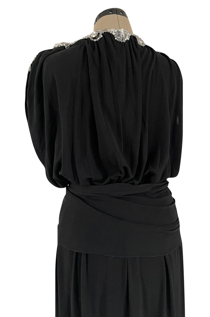 Incredible 1970s Loris Azzaro Black Silk Jersey Dress w Huge Attached Jewel Collar & Jewelled Belt