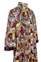 1972 Jean Muir Abstract Printed Silk Satin Dress w Pin Tuck Detailed Bodice