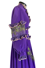 Rare 1960s Tiziani Couture by Karl Lagerfeld Purple Silk Dress w Intricate Hand Beading