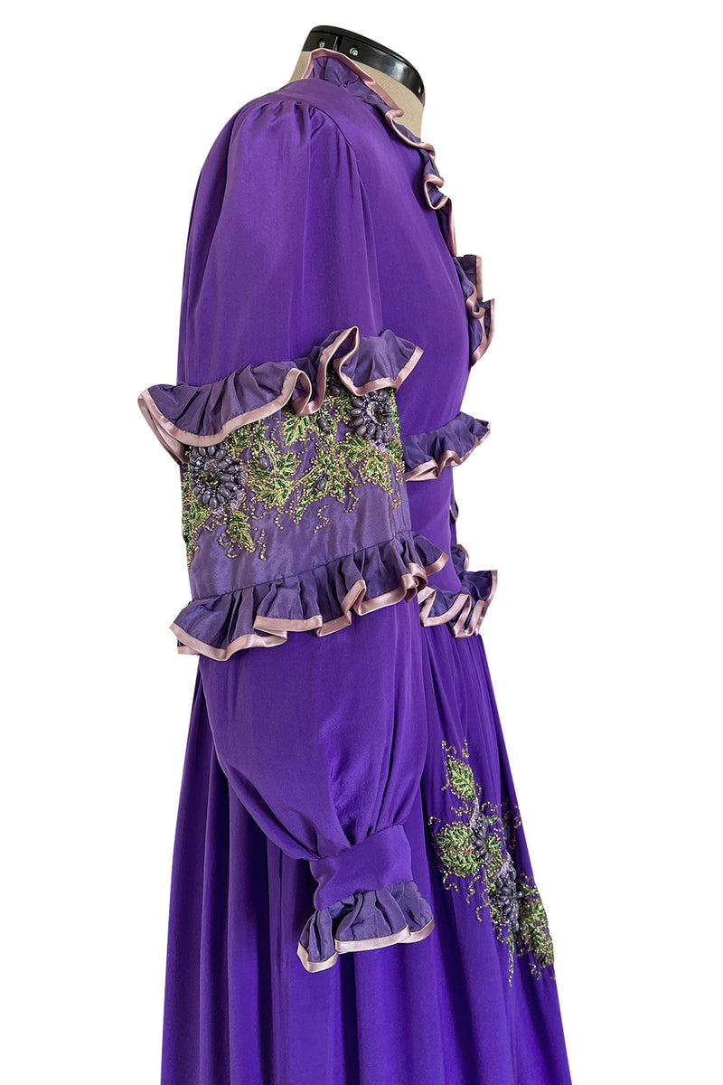 Rare 1960s Tiziani Couture by Karl Lagerfeld Purple Silk Dress w Intricate Hand Beading