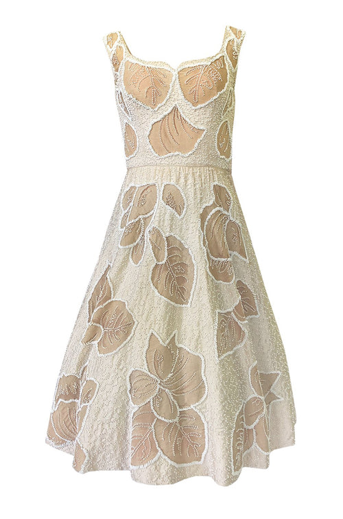 Incredible 1950s Harvey Berin Couture Densely Beaded Ivory Silk Dress