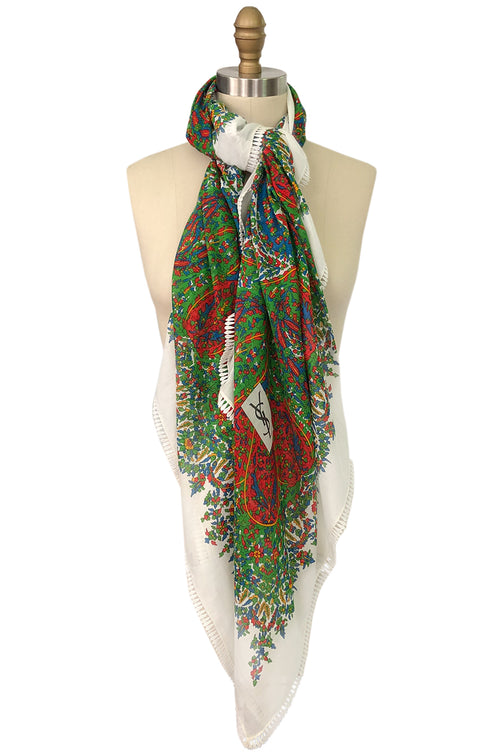Huge 1970s Yves Saint Laurent Elaborate Print Cotton Scarf w Edging
