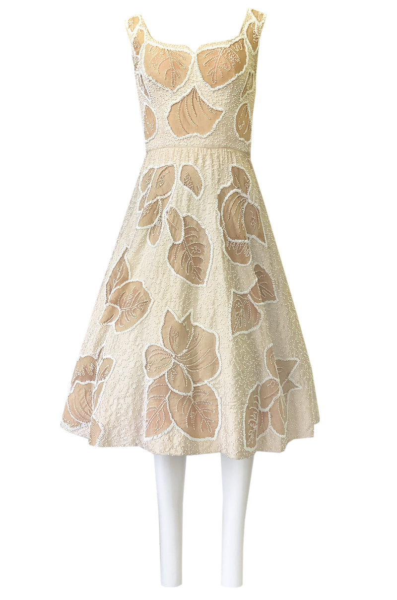 Incredible 1950s Harvey Berin Couture Densely Beaded Ivory Silk Dress