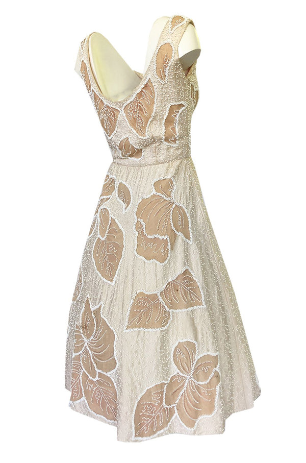 Incredible 1950s Harvey Berin Couture Densely Beaded Ivory Silk Dress