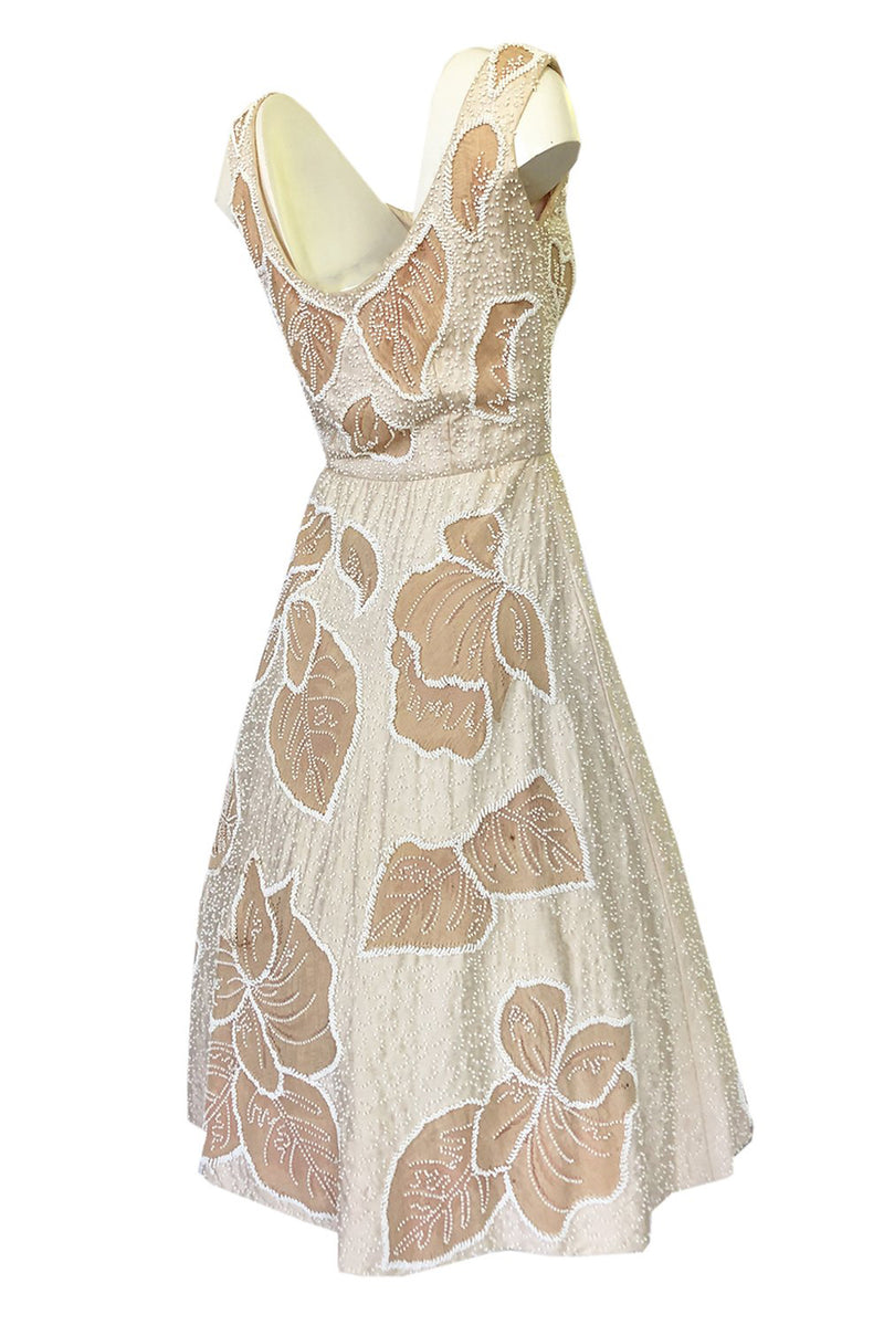 Incredible 1950s Harvey Berin Couture Densely Beaded Ivory Silk Dress