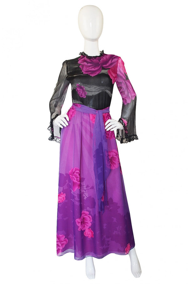 1970s Hanae Mori Purple Chiffon Maxi