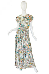 1940s Silk DuBarry Parrot Print Gown