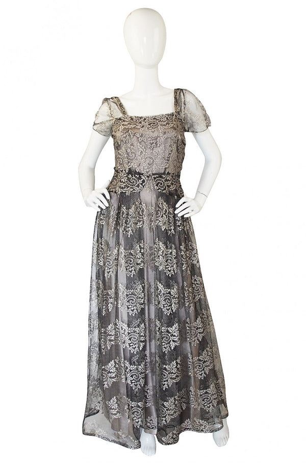 1940s Stunning Silver Lace & Net Gown