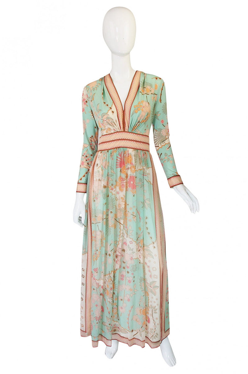 1970s Soft Pastel Bessi Silk Maxi Dress