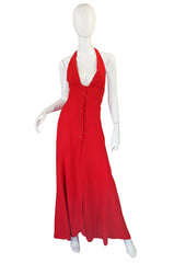 1970s Plunge Halter Ossie Clark Red Dress