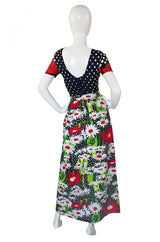 1970s Dot and Floral J. Tiktiner Maxi Dress