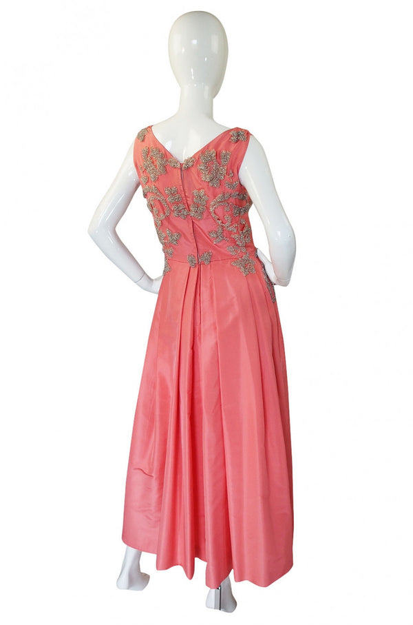 1950s Heavily Beaded Silk Coral Gown