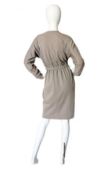 1970s Taupe Grey Plunge Halston Dress