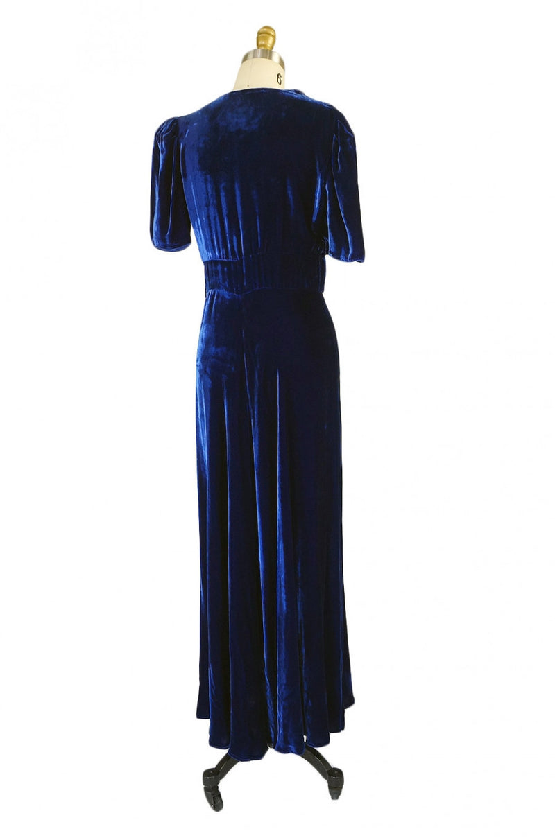 1930s Blue Silk Velvet Rhinestone Gown Shrimpton Couture 1930s Blue Silk Velvet Rhinestone Gown Shrimpton Couture