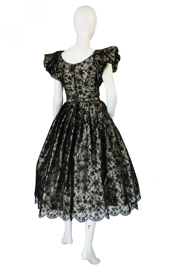 1950s Puff Sleeve Lace and Silk Cocktail Dress