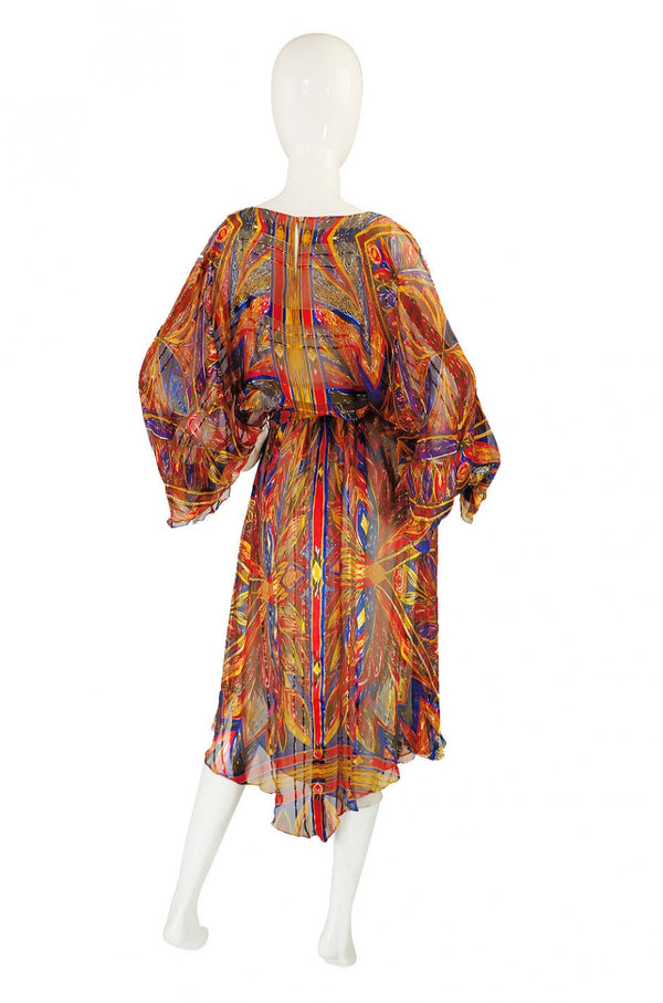 1970s Colorful Silk Chiffon Flutter Dress