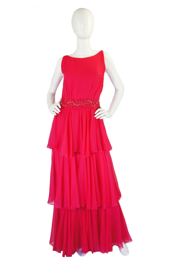 1960s Silk Chiffon Tiered Dress w Capelet