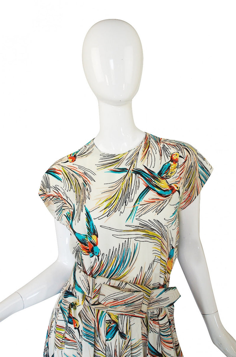 1940s Silk DuBarry Parrot Print Gown