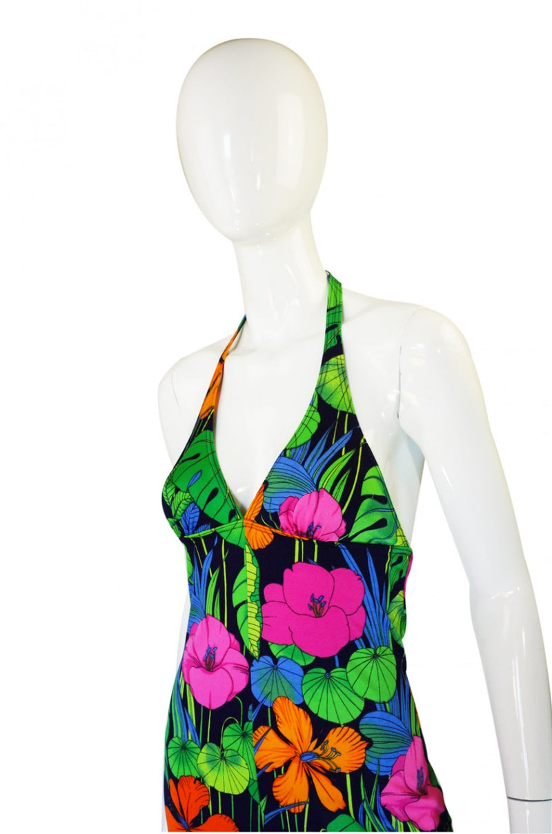 1960s Floral Halter Beach Maxi Dress