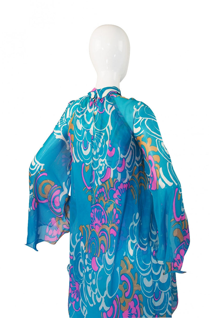 1970s Hanae Mori Flowing Turquoise Silk Chiffon Caftan Dress