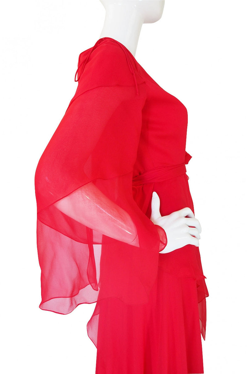 1970s Michael Novarese Tiered Red Silk Chiffon Dress