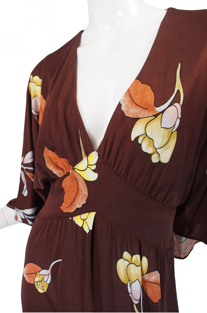 1970s Mac Tac Caped Floral Jersey Maxi Dress