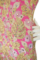 1960s Kiki Hart Rhinestone Pink Silk Brocade