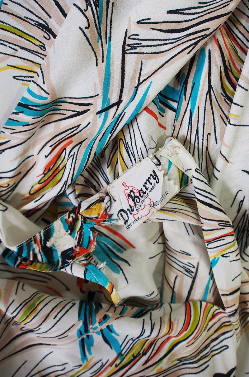 1940s Silk DuBarry Parrot Print Gown