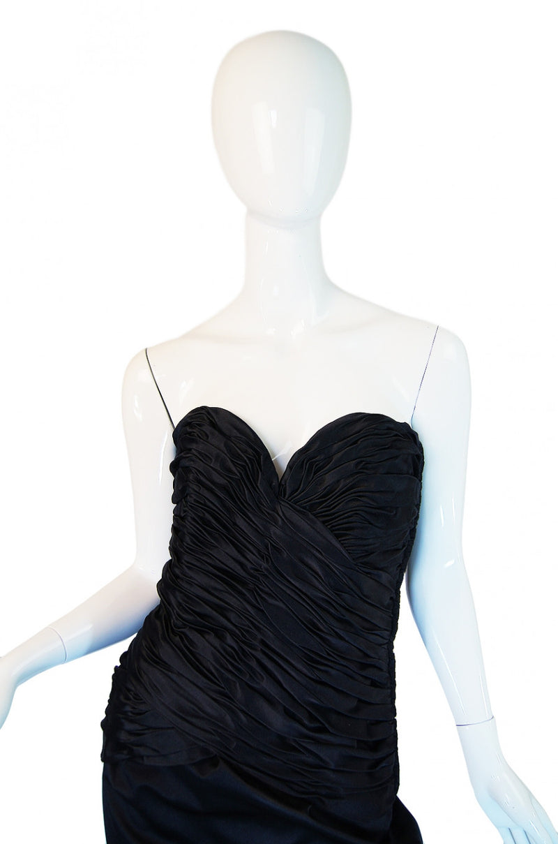 1980s Black Silk Satin Vicky Tiel Strapless Dress