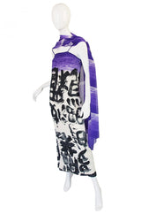 1970s Hanae Mori Silk Dress & Scarf w Purple & Graphic Print